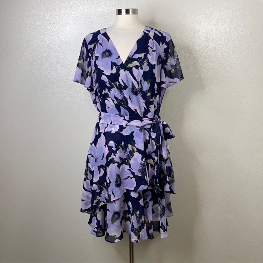 ASL TAHARI Purple Floral Print Ruffle Dress